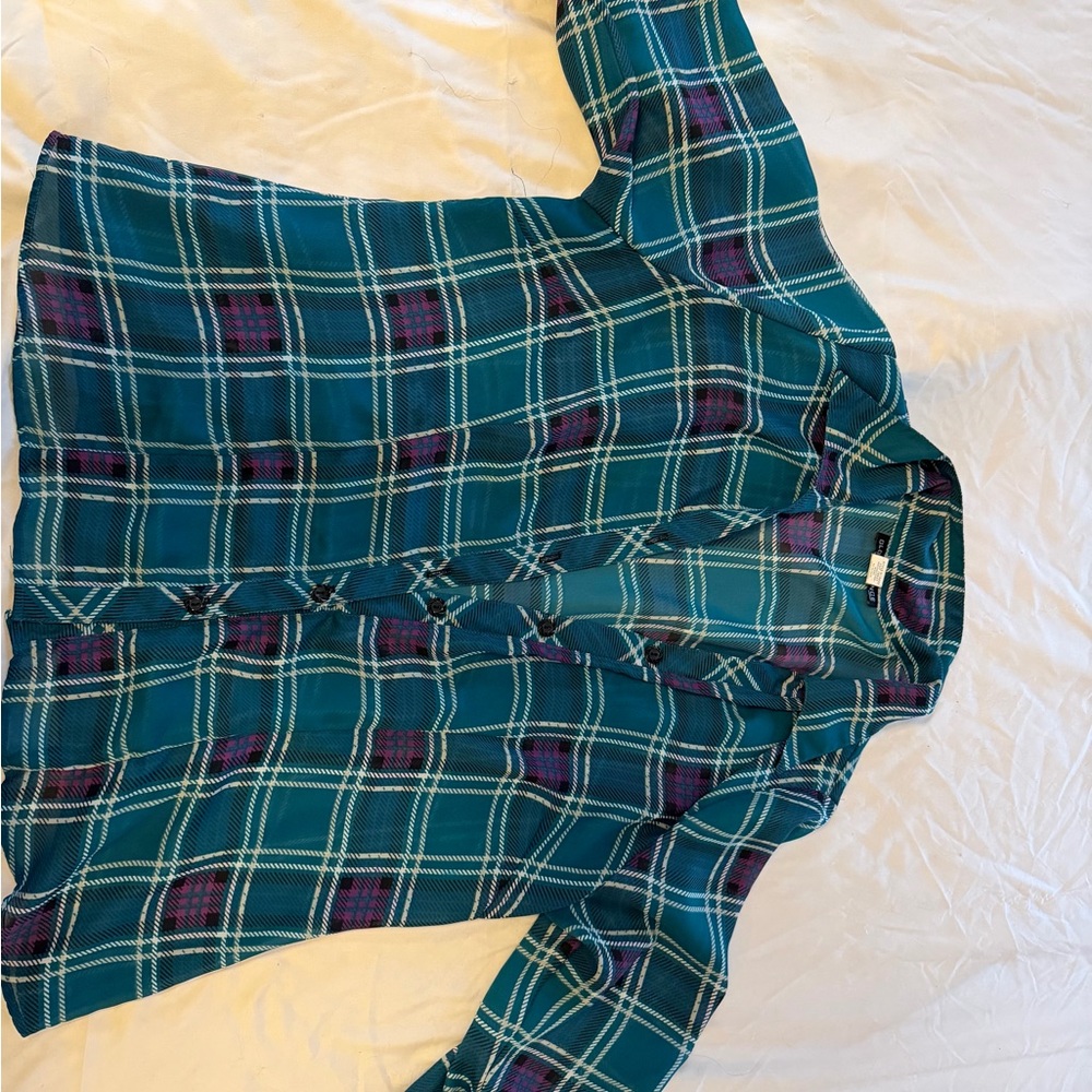 Chic Teal and Purple Plaid Women's Blouse